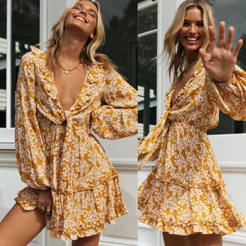 Ruffle Floral Long Sleeve Boho Gypsy Dress pink - Picture 8 of 14